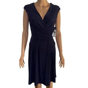 Chaps Navy Blue Ruched Twist‎ Front V Neck Cap Sleeve Midi Dress Women's Size S